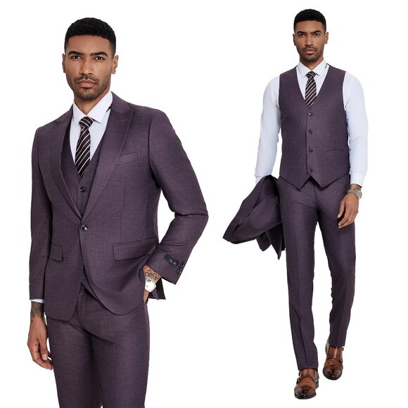 Skinny Fit Grape Sharkskin 3pc Mens Suit Set by Tazzio